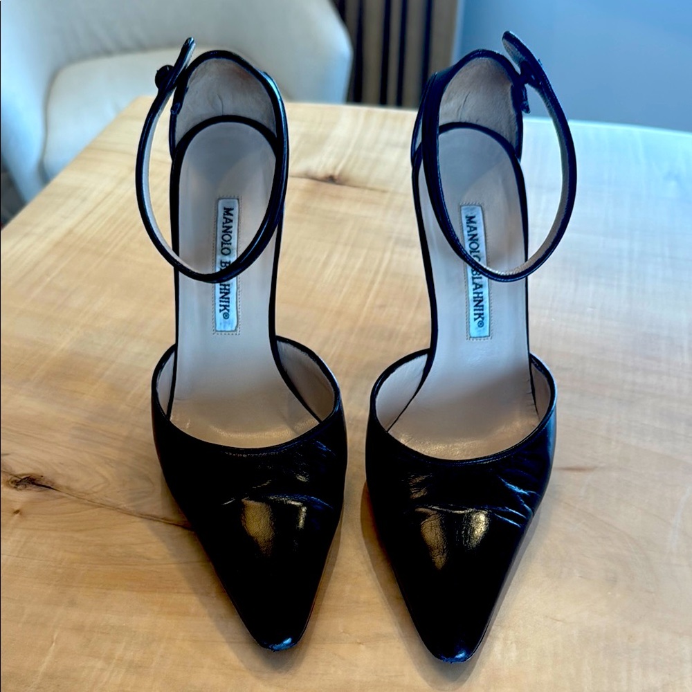 Manolo Blahnik Glossy Black Ankle Strap Heels